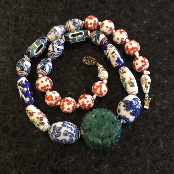 Vintage Caved Jade & Ceramic Painted Bead Necklace - Picture 12 of 16